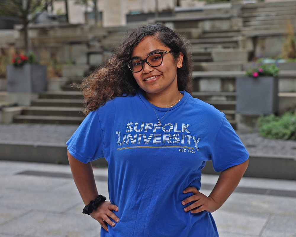 Photo of Ram Supporter standing in Roemer Plaza on campus at Suffolk University.