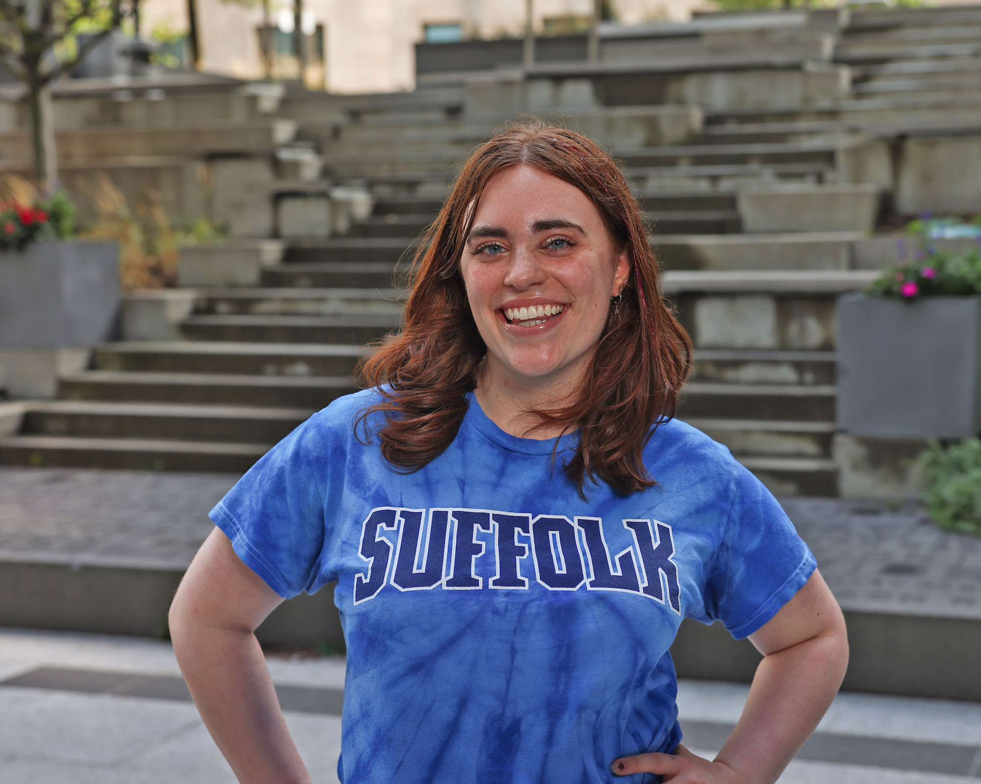 Photo of Ram Supporter standing in Roemer Plaza on campus at Suffolk University.