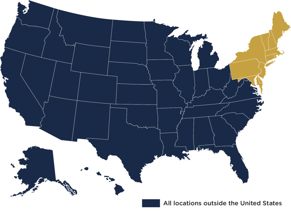 Map of United States color coded with University colors. States in Gold are Connecticut, Delaware, Maine, Maryland, Massachusetts, New Hampshire, New Jersey, New York, Rhode Island, Vermont, and Washington D.C.. All other states are in Blue