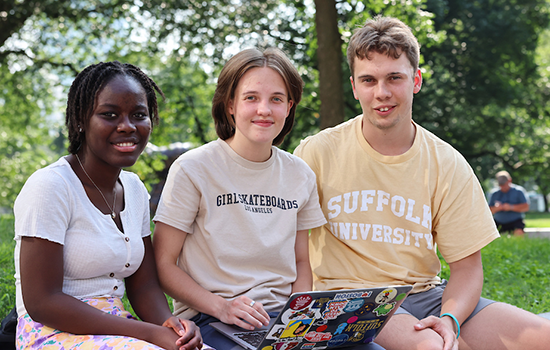 A group of Suffolk Students sit together on the Boston Common.