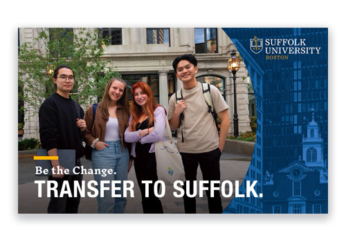 Front cover of the Suffolk University Undergraduate Admission Transfer Brochure