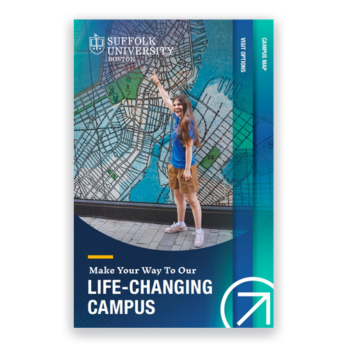 Front cover of the Suffolk University Undergraduate Admission Wayfinder Brochure